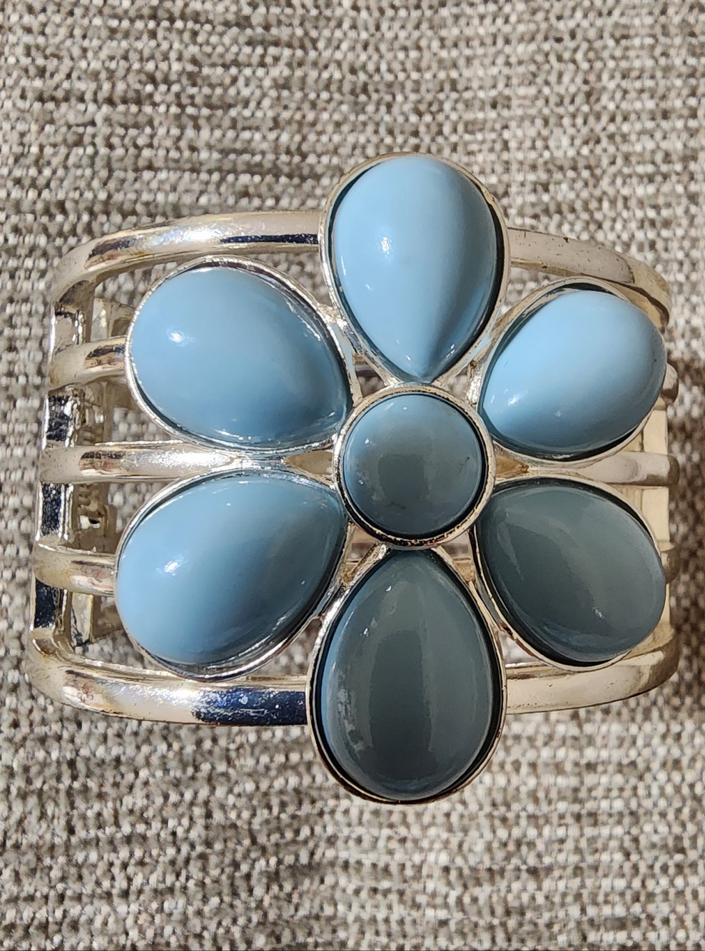 Silver Tone Cuff Bracelet with Sky Blue Flower Stones -  Jewelry